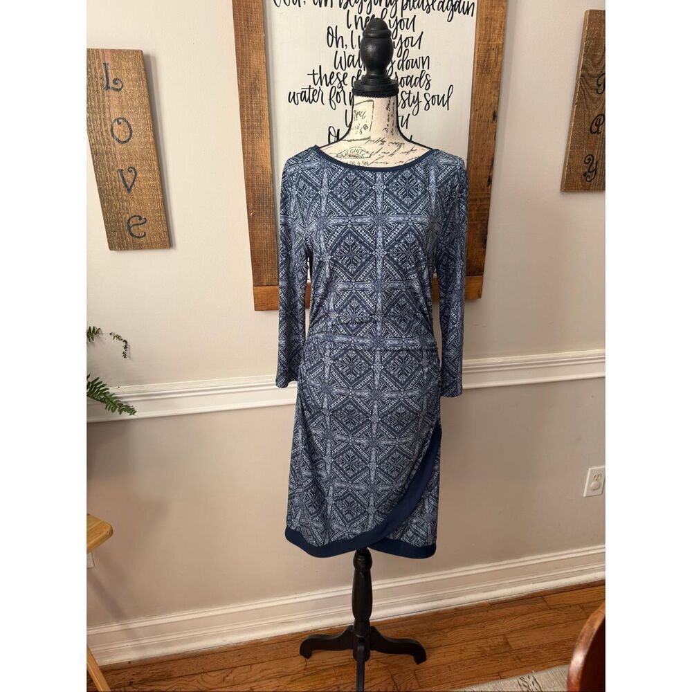 41 Hawthorn Geometric Ruched Sides Long Sleeve Stretch Pullover Dress Blue Small
